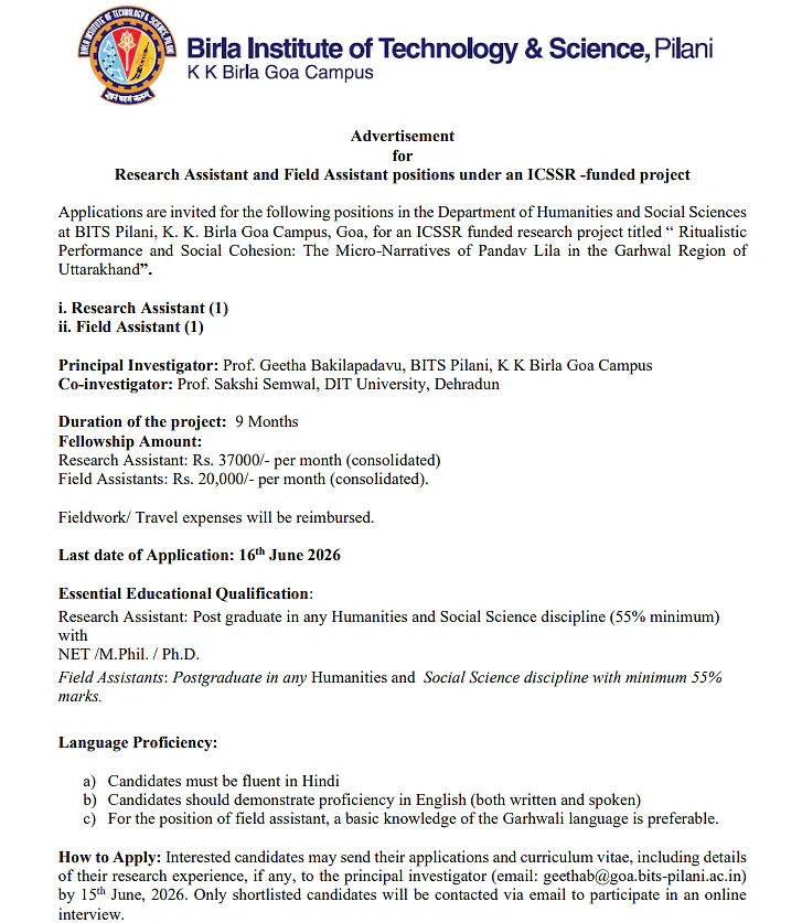 Research Assistant & Field Assistant Recruitment 2026 at BITS Pilani, K K Birla Goa Campus