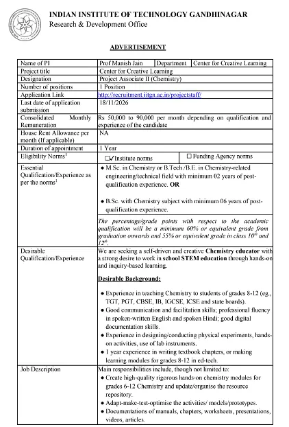 IIT Gandhinagar Project Associate II (Chemistry) Recruitment 2026 – Centre for Creative Learning