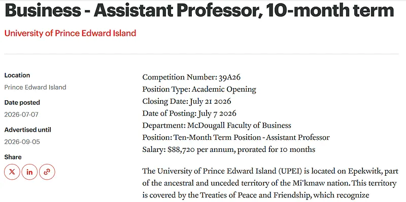 University of Prince Edward Island Assistant Professor Recruitment 2026