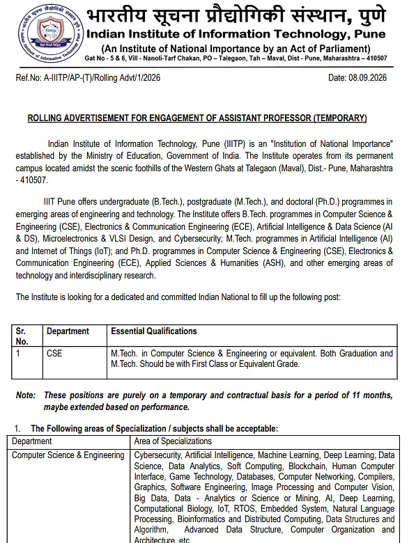 Assistant Professor (Temporary) Recruitment 2026 at IIIT Pune – Rolling Advertisement