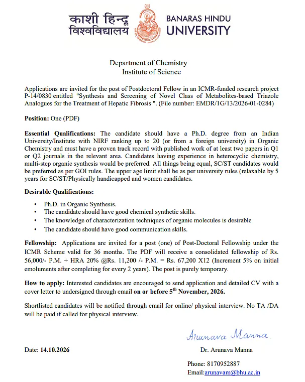 BHU Postdoctoral Fellow Recruitment 2026 – ICMR-Funded Chemistry Research Project