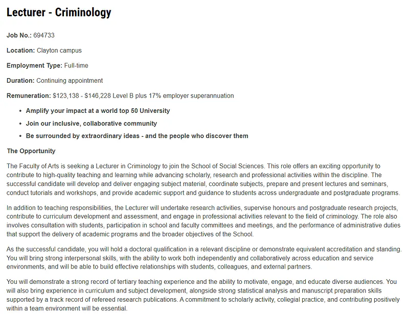 Monash University Recruitment 2026: Applications Invited for Lecturer in Criminology