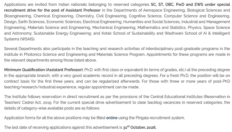 IIT Kanpur Assistant Professor Recruitment 2026 – Special Drive for SC, ST, OBC, PwD and EWS Categories