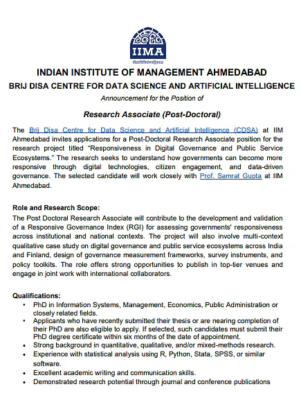 IIM Ahmedabad Postdoctoral Research Associate Recruitment 2026: Apply at CDSA
