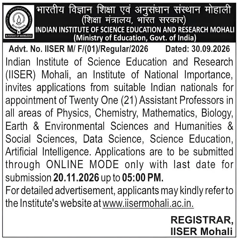 Assistant Professor Recruitment 2026 – IISER Mohali