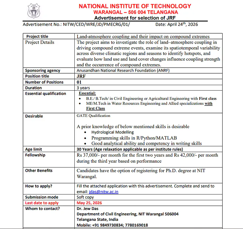 JRF Recruitment 2026 – NIT Warangal (ANRF Project)