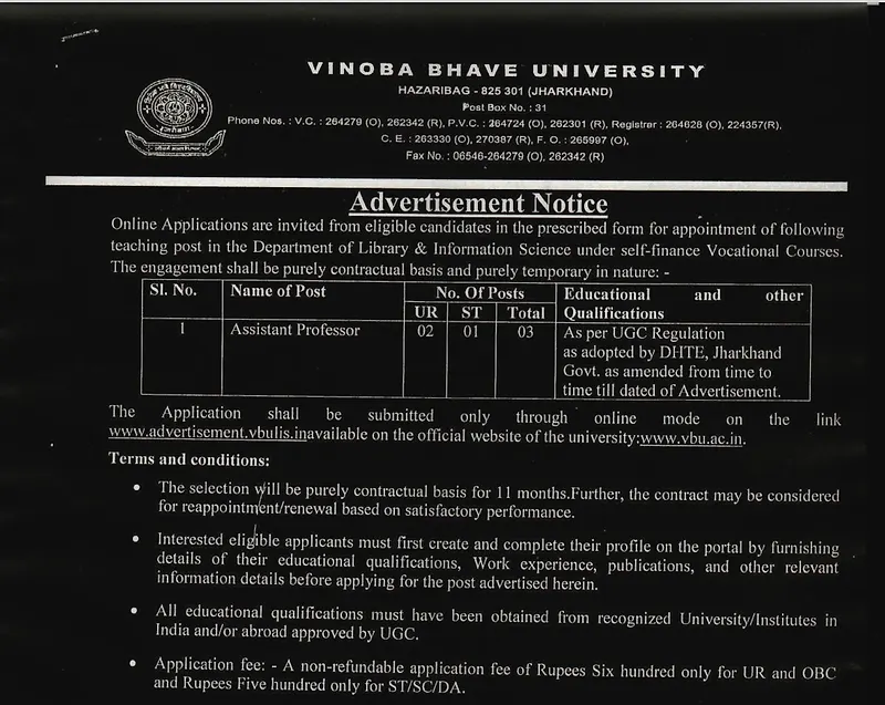 Assistant Professor in Library & Information Science – Vinoba Bhave University