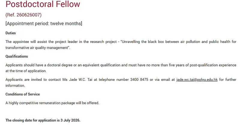 Hong Kong Polytechnic University Invites Applications for Postdoctoral Fellow Position