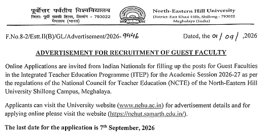 Guest Faculty Recruitment 2026 at North-Eastern Hill University – Integrated Teacher Education Programme (ITEP)