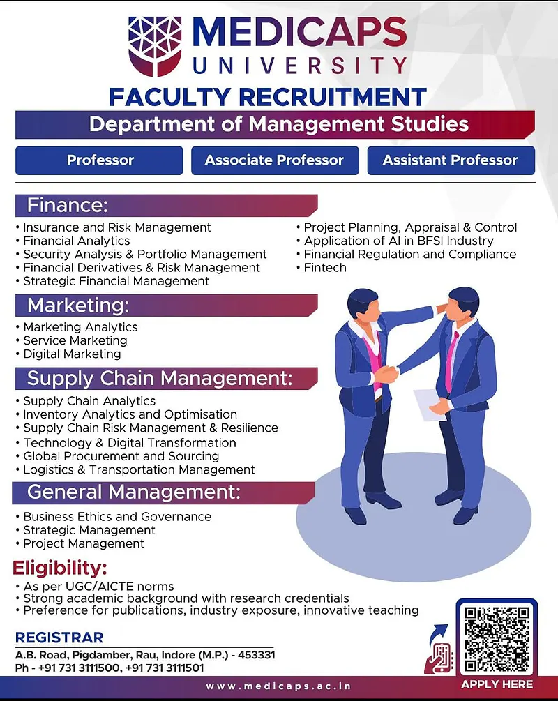 Faculty Recruitment 2026: Medi-Caps University, Indore
