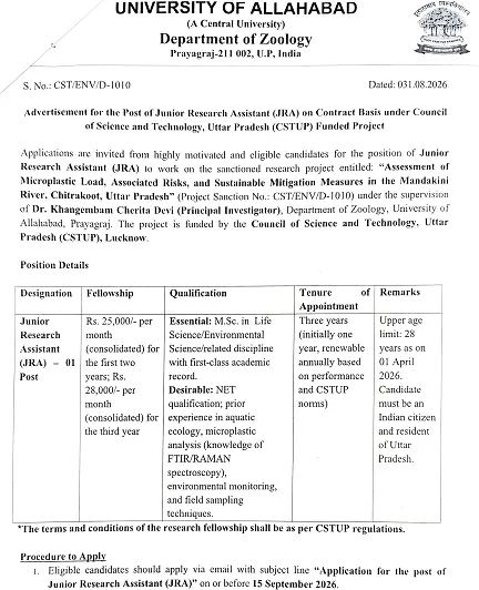 Junior Research Assistant Recruitment 2026 at University of Allahabad – CSTUP-Funded Microplastics Research Project