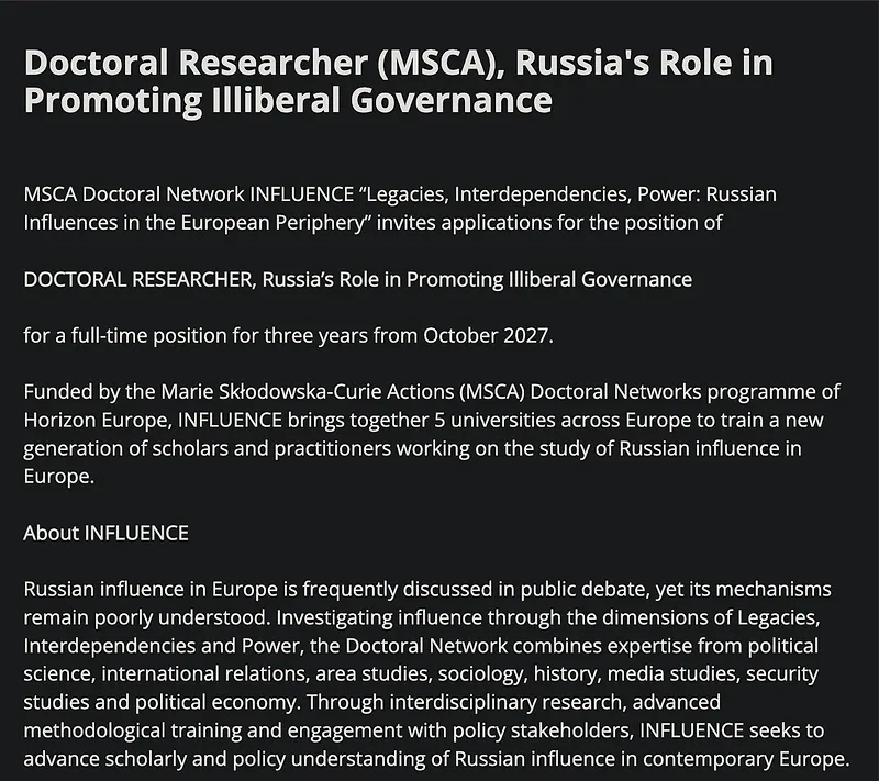 PhD Opportunity: MSCA Doctoral Researcher on Russia’s Role in Promoting Illiberal Governance – University of Helsinki