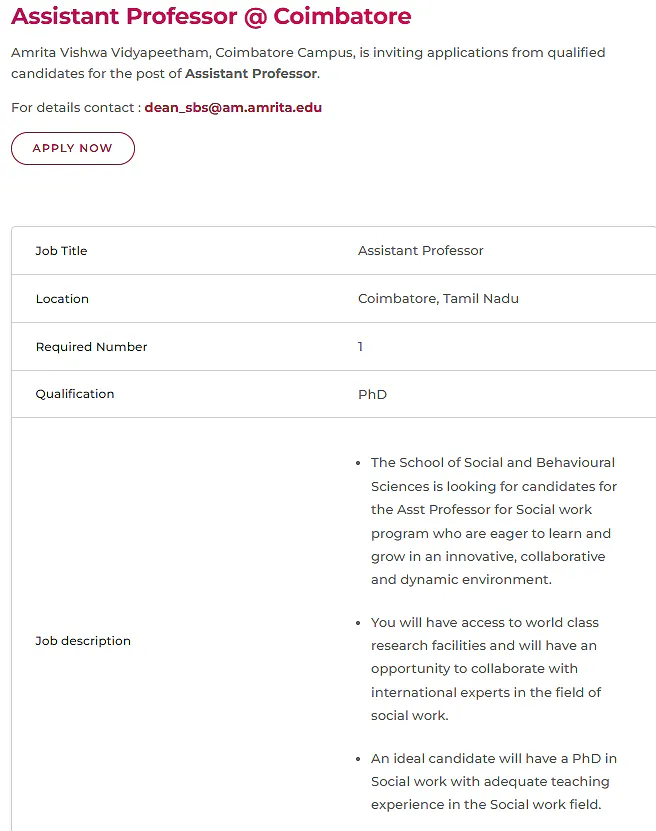 Amrita Vishwa Vidyapeetham Recruitment: Assistant Professor in Social Work