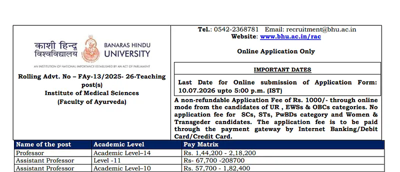 BHU Faculty Recruitment 2026 | Teaching Positions at Institute of Medical Sciences 