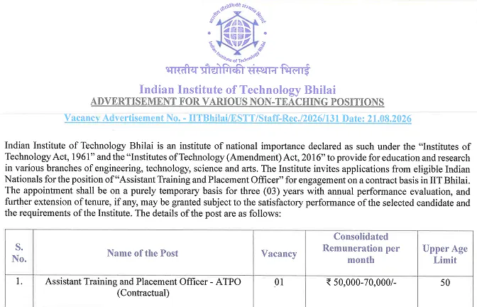 Assistant Training & Placement Officer Recruitment 2026 | IIT Bhilai