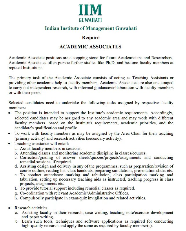 Academic Associate Recruitment 2026 at IIM Guwahati – Management