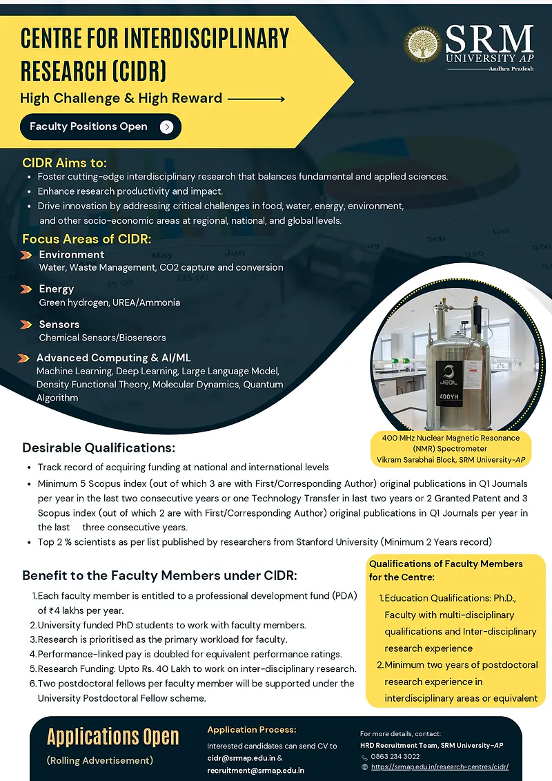 Faculty Positions Open | SRM University-AP – Centre for Interdisciplinary Research (CIDR)