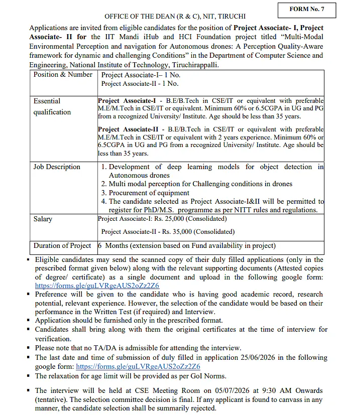 Project Associate-I & Project Associate-II Recruitment 2026 at NIT Tiruchirappalli