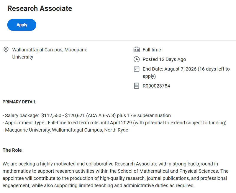 Macquarie University Research Associate Recruitment 2026