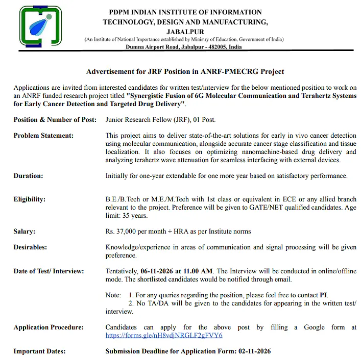 Junior Research Fellow (JRF) Recruitment 2026 at IIITDM Jabalpur – ANRF-PMECRG Research Project