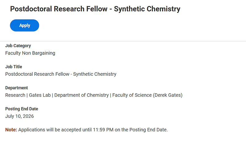 Postdoctoral Research Fellow – Synthetic Chemistry Recruitment 2026 | University of British Columbia
