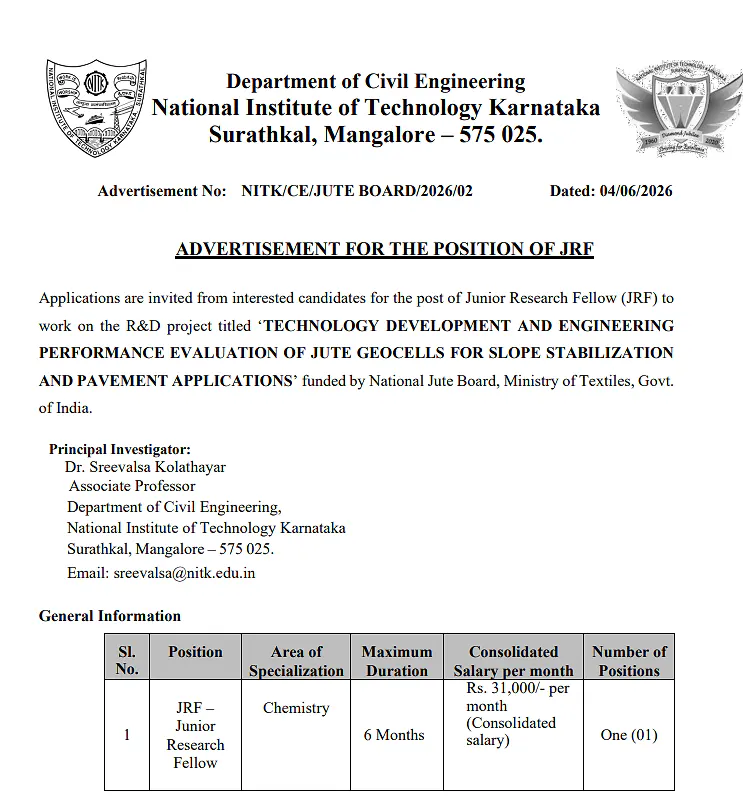 NIT Karnataka JRF Recruitment 2026 – Apply for Junior Research Fellow Position