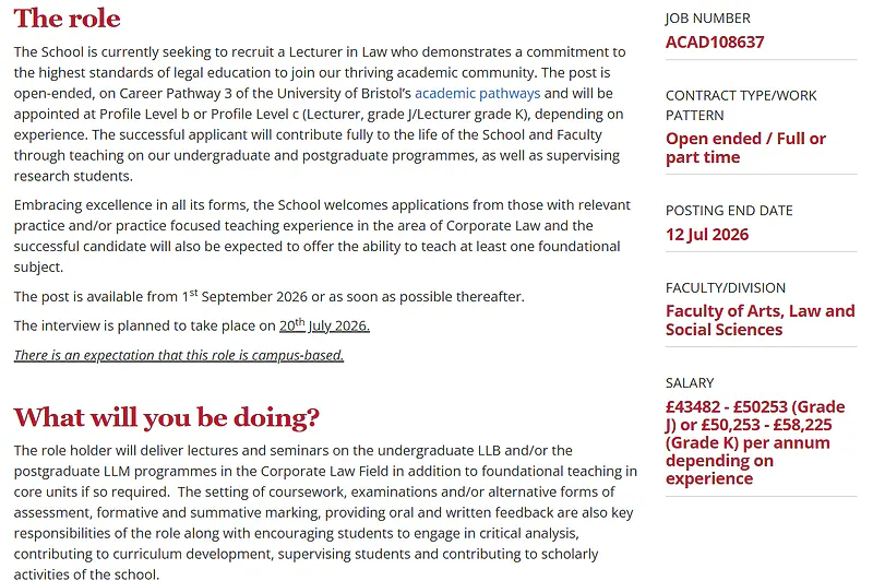 University of Bristol Recruitment 2026: Lecturer in Law (Corporate Law)