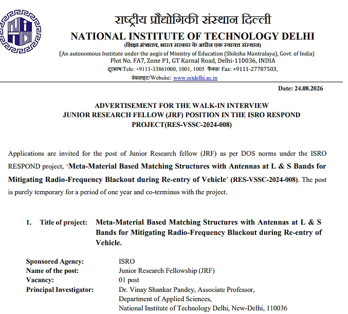 Junior Research Fellow Recruitment 2026 at NIT Delhi – ISRO RESPOND Project