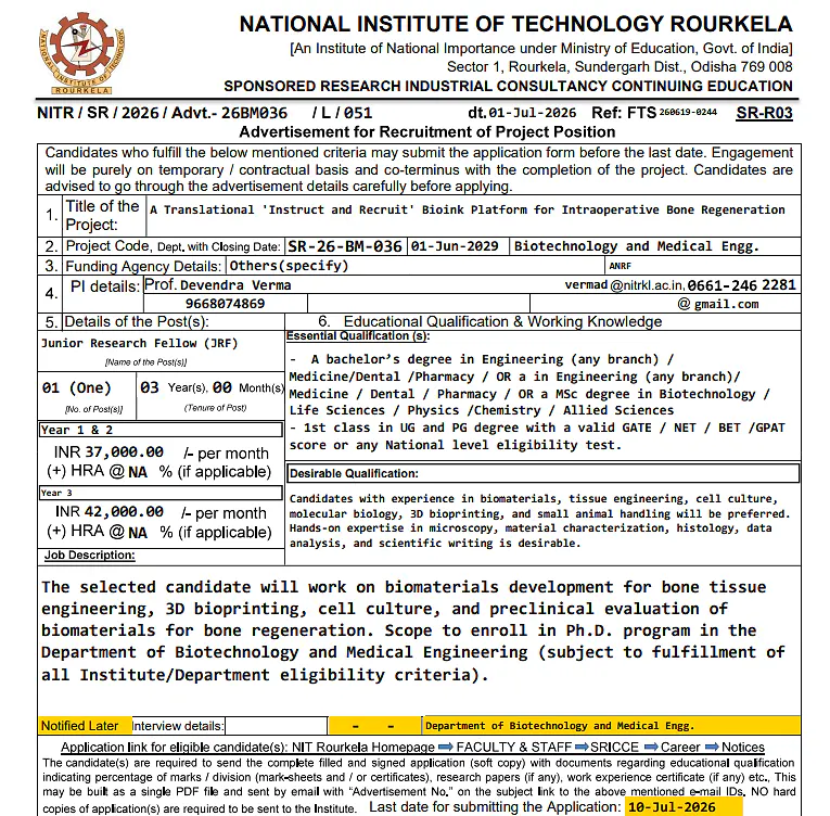 NIT Rourkela Invites Applications for Junior Research Fellow (JRF) under ANRF-Funded Research Project