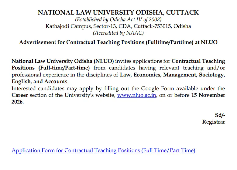 Contractual Teaching Faculty Recruitment 2026 at National Law University Odisha (NLUO), Cuttack – Full-Time & Part-Time Positions