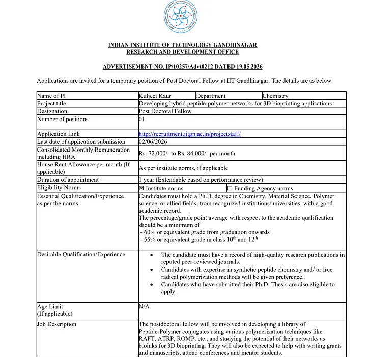  IIT Gandhinagar Recruitment 2026 - Post Doctoral Fellow