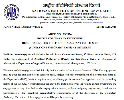 NIT Delhi Assistant Professor Recruitment 2026 – Walk-in Interview for Mathematics and Management