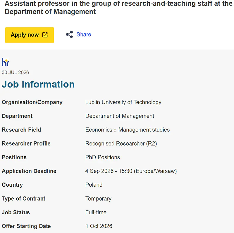 Lublin University of Technology Assistant Professor Recruitment 2026