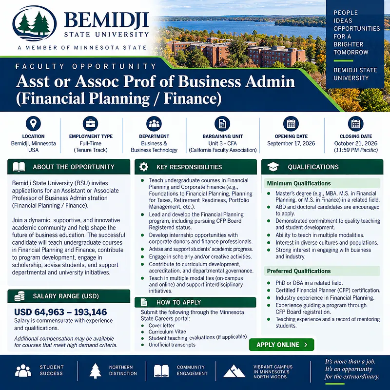 Assistant or Associate Professor of Business Administration (Financial Planning / Finance) – Bemidji State University