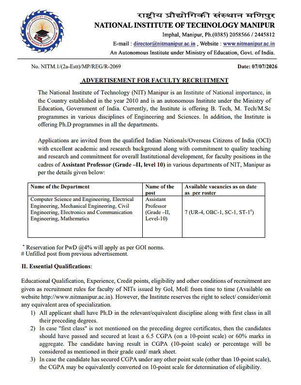 NIT Manipur Recruitment 2026 | Assistant Professor (Grade-II, Level-10) Faculty Positions