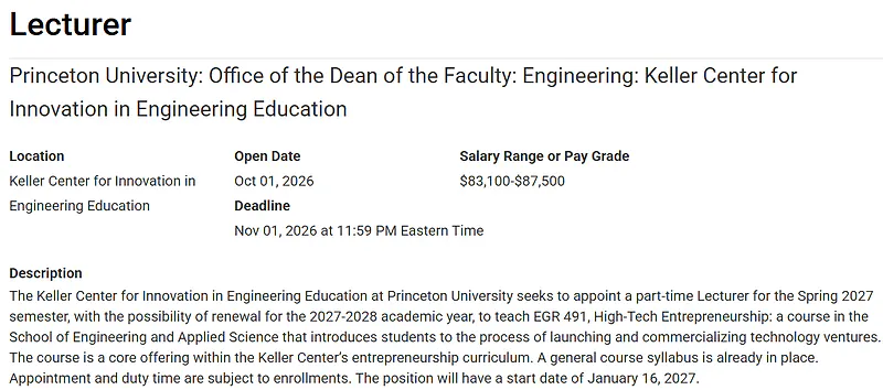 Lecturer in High-Tech Entrepreneurship – Princeton University