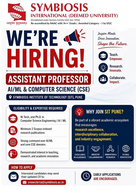 Assistant Professor in AI/ML & Computer Science (CSE) – Symbiosis Institute of Technology (SIT), Pune
