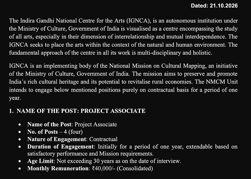 Project Associate & Domain Experts – Indira Gandhi National Centre for the Arts (IGNCA)