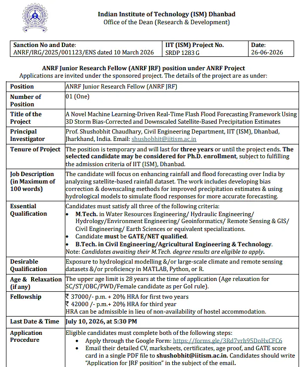 IIT (ISM) Dhanbad ANRF JRF Recruitment 2026