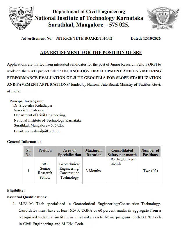 Senior Research Fellow (SRF) Recruitment 2026 at NIT Karnataka Surathkal – Civil Engineering