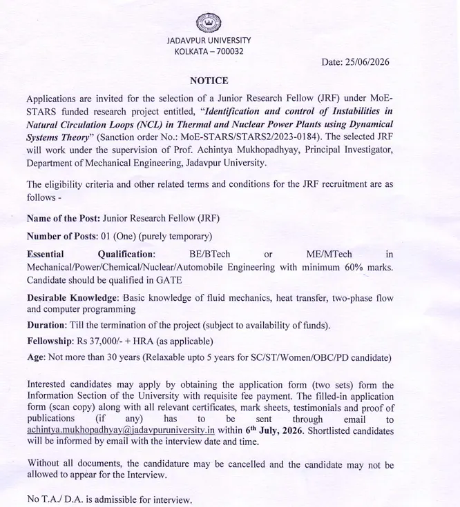 Jadavpur University Recruitment 2026: Junior Research Fellow (JRF) Vacancy Under MoE-STARS Project