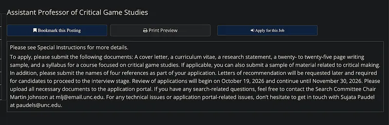 Assistant Professor of Critical Game Studies – University of North Carolina at Chapel Hill