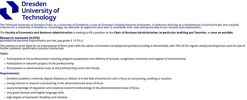TU Dresden Research Assistant Recruitment in Auditing and Taxation