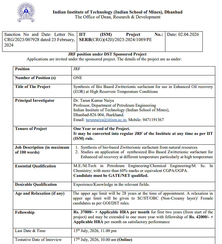 IIT (ISM) Dhanbad Recruitment 2026 | JRF Position Under DST-SERB Sponsored Project