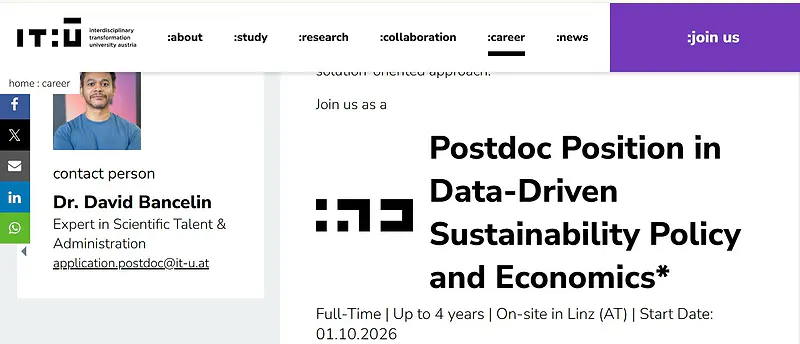 IT:U Austria Postdoctoral Position in Data-Driven Sustainability Policy and Economics