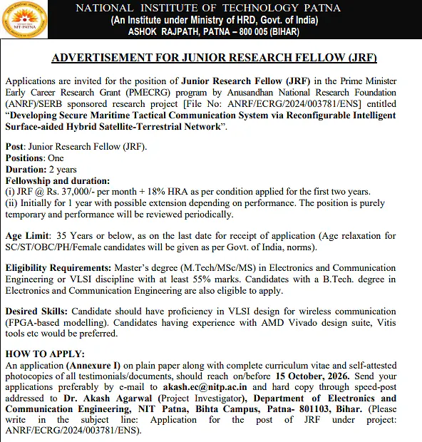 Junior Research Fellow (JRF) Recruitment 2026 at NIT Patna – VLSI & Wireless Communication