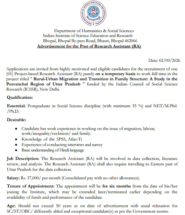 Research Assistant (RA) Recruitment 2026 | IISER Bhopal