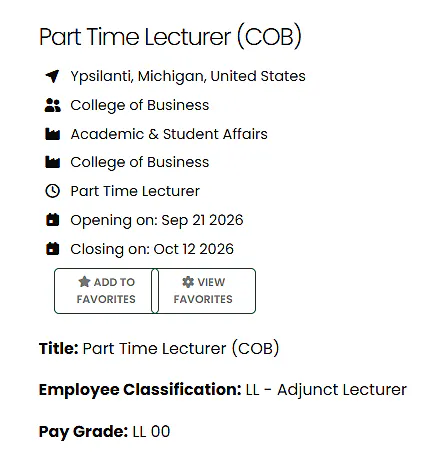  Two Part-Time Lecturer Positions in Finance & Financial Planning – Eastern Michigan University