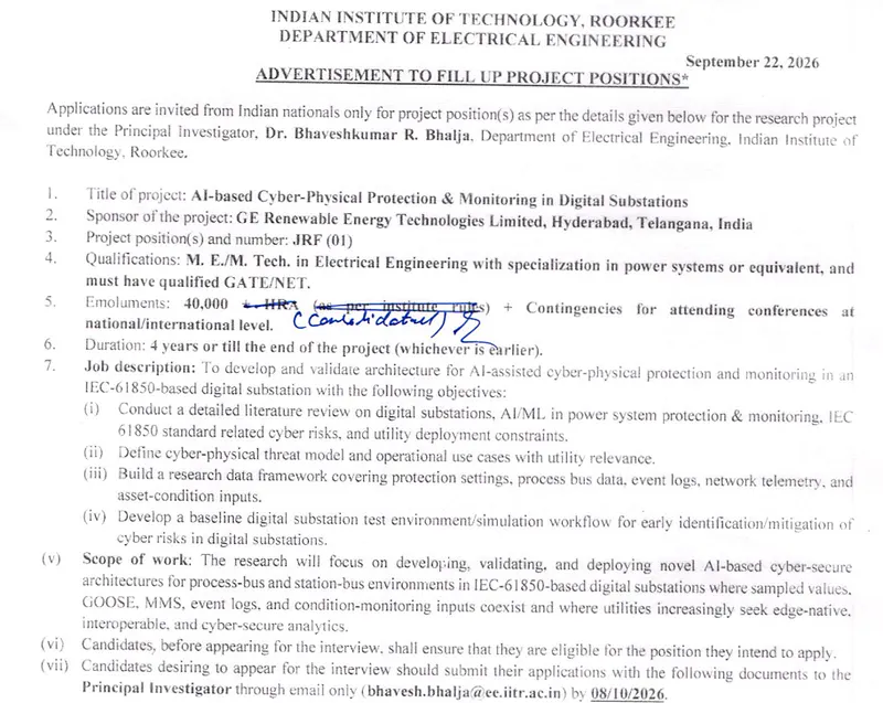 Junior Research Fellow (JRF) Recruitment 2026 at IIT Roorkee – Electrical Engineering