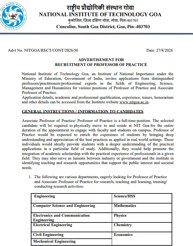 Professor of Practice & Associate Professor of Practice Recruitment 2026 at NIT Goa